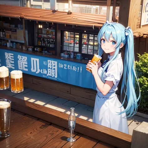 Light blue long hair、Beautiful girl with twin tails、Rooftop beer garden、waitress、Bright smile、Delicious food、