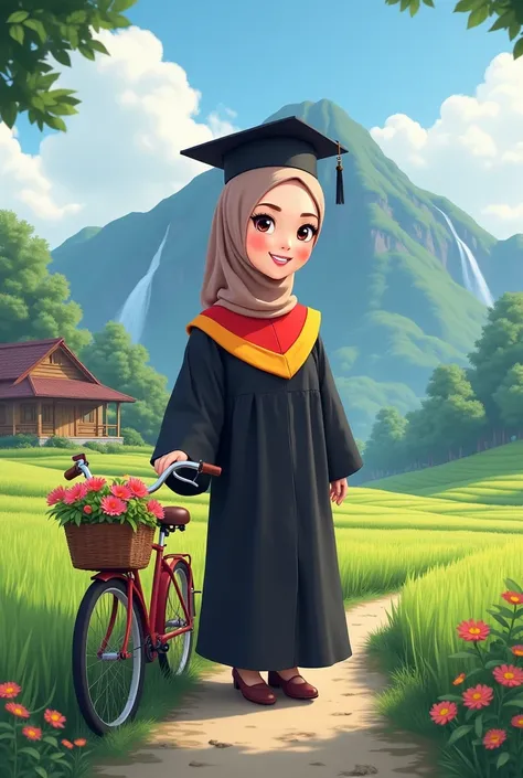 Realistic Karikatur, A women wearing hijab,  pastel brown color hijab, wearing black graduation hat, wearing merah graduation hood with yellow color on the edge, wearing black graduation gown, Long graduation gown that covers the ankles, wearing black shoe...