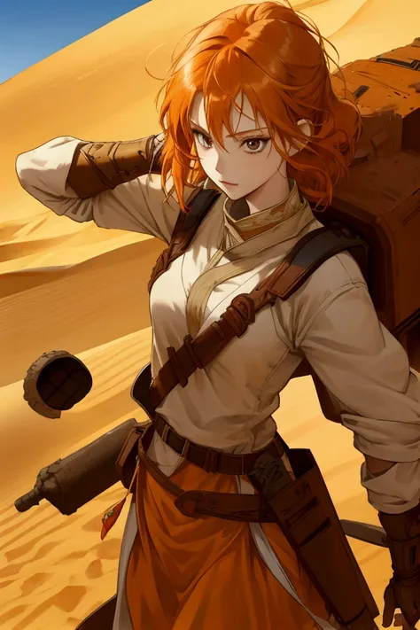 Orange hair, female warrior, Desertngewänder, Arabic, Desert, Antiquity, Anime Style