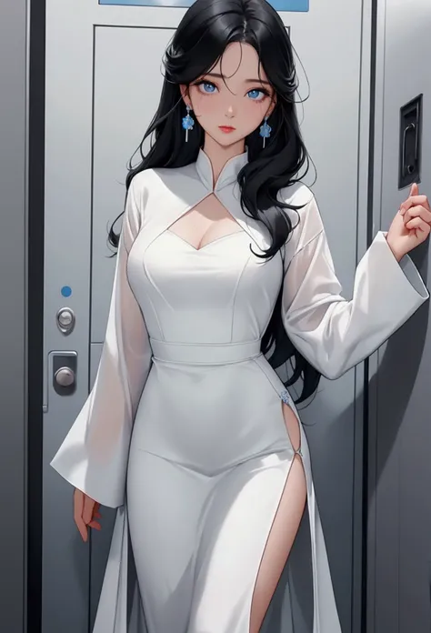 1womanl, Bblack hair, Blue pupils, 精致的面容, cute, love earrings, white gown, standing at the police station door, playful, ultra HD, work of art, best qualityer, super detaill, precise