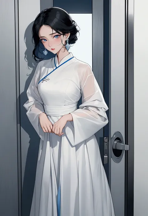 1womanl, Bblack hair, Blue pupils, 精致的面容, cute, love earrings, white gown, standing at the police station door, playful, ultra HD, work of art, best qualityer, super detaill, precise