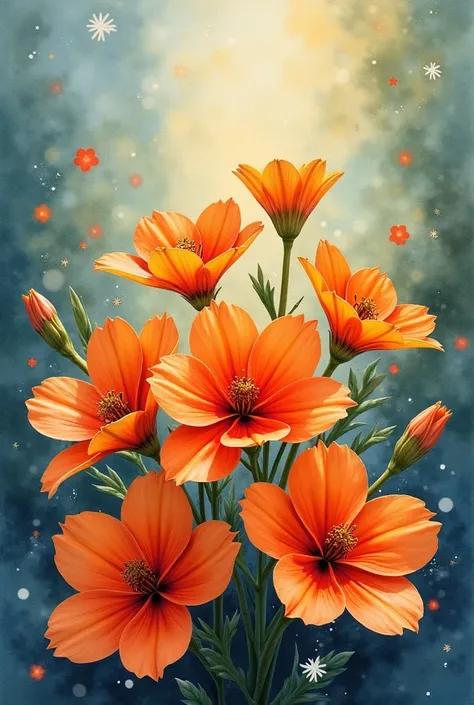 painting of a bouquet of orange flowers, celestial, white and red. I draw with watercolors