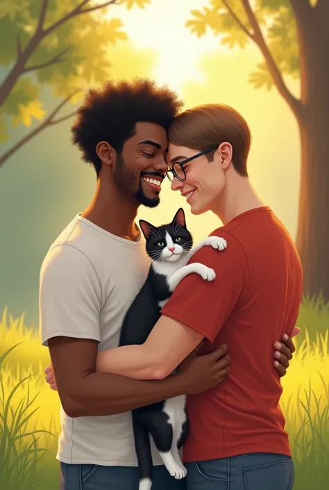 A drawing of pride a brown-skinned man, with a mustache and goatee, short, curly, black hair, Wearing white short sleeve t-shirt, hugging a white man, who wears glasses, with thin lips and a shy smile wearing a Red short sleeve t-shirt, With straight, brow...