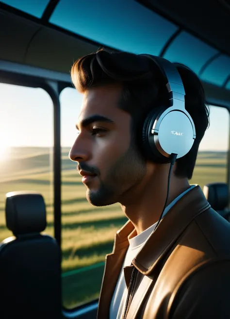 3d papercut shadow box of arafed man with headphones on sitting in a bus, listening to music, headphones on, vibing to music, we...