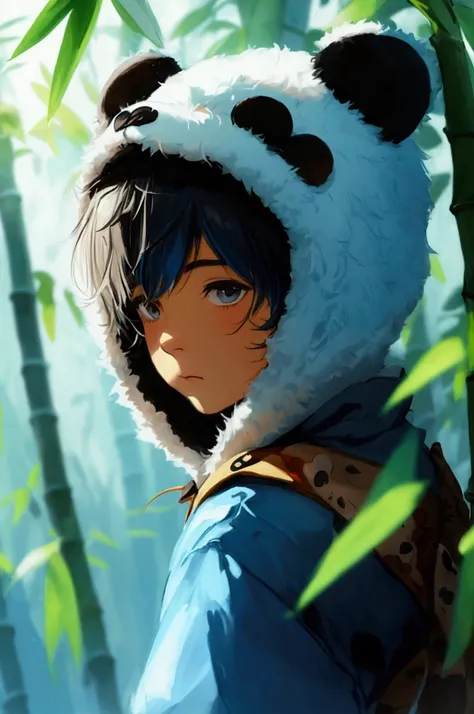 1 boy, about 20 years old, panda kigurumi with panda ear hood, looking down, positioned towards the right, facing left, ink wash painting, black and white, light blue hair, cool,bamboo in the background
