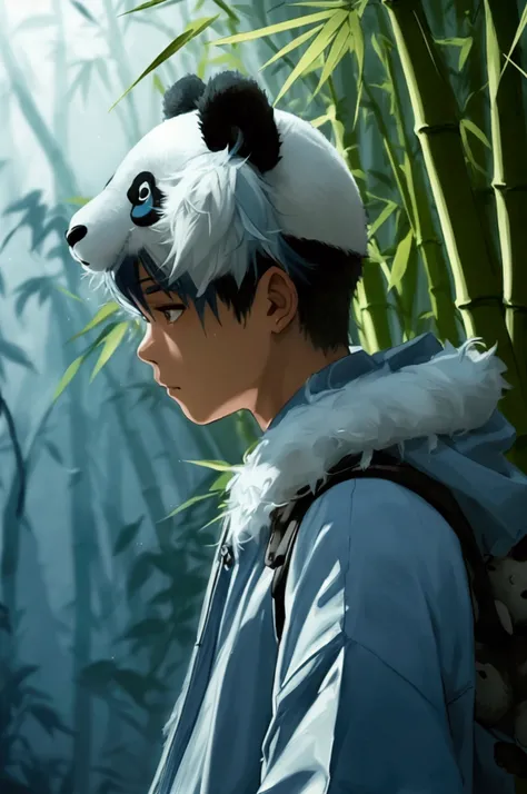 1 boy, about 20 years old, panda kigurumi with panda ear hood, looking down, positioned towards the right, facing left, ink wash painting, black and white, light blue hair, cool,bamboo in the background
