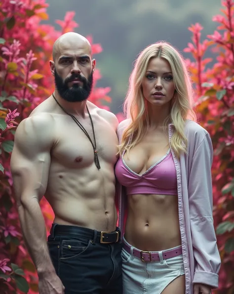 Sacred rebels, an extremely attractive couple. Dark bearded handsome bald shaman man with muscular upper body bare. Blonde fairie-like extremely sexy woman dressed in flirtatious pink crop top and mini skirt, perky big breasts, plenty of cleavage, hourglas...