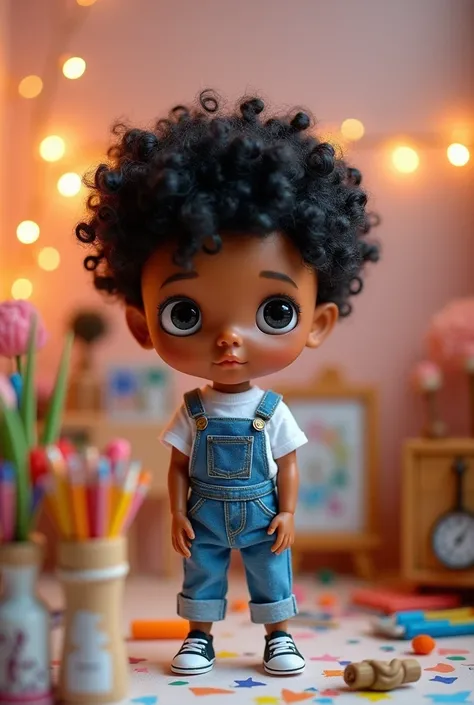 Make a male blythe doll with short black curly hair, with curly bangs that reach the eyebrows and very light brown skin color