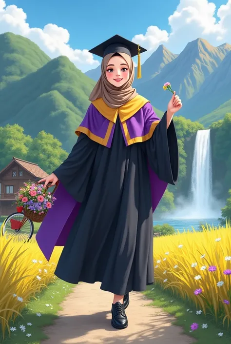 Realistic Karikatur, A women wearing hijab,  pastel brown color hijab, wearing black graduation hat, wearing purple graduation hood with yellow color on the edge, wearing black graduation gown, Long graduation gown that covers the ankles, wearing black sho...