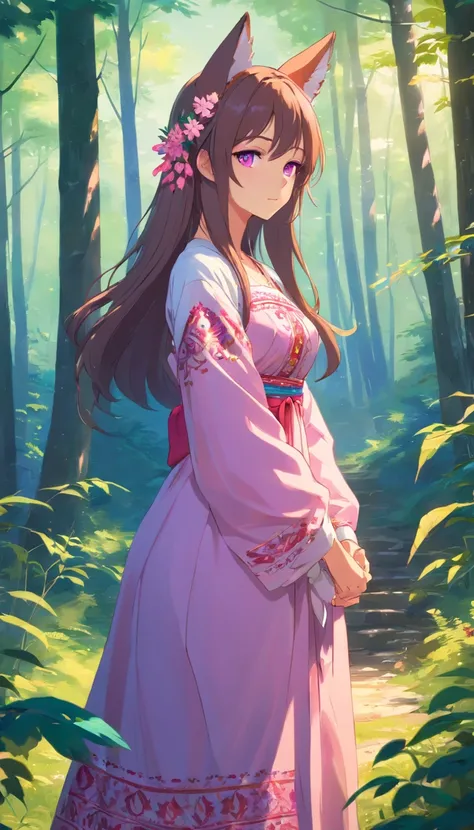 Beautiful girl with big breasts, dressed in a Ukrainian embroidered dress, beautiful pink-violet eyes, Russian long hair, has fox ears, no handcuffs on the shoulders staying in the beatiful forest, holding a blue zweihander 