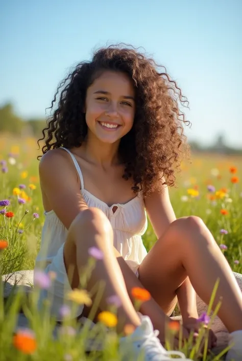 A brunette girl with curly hair and big breasts sits with her legs stretched out, taking a realistic photo