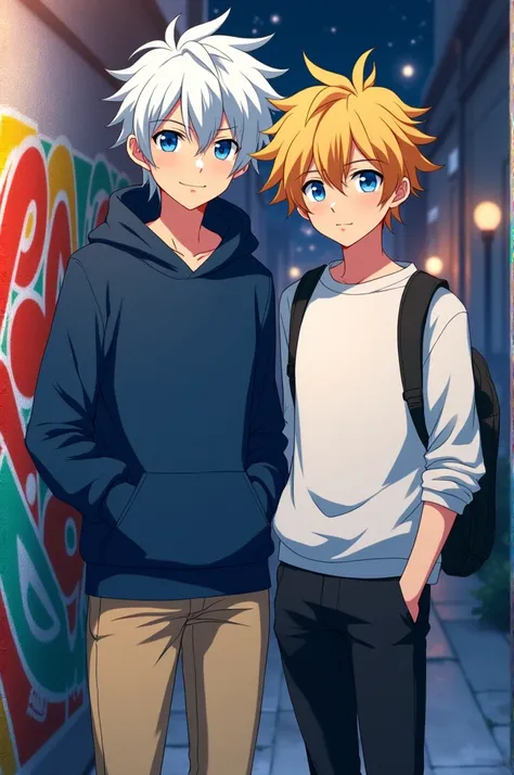 Create a 13 year old boy with midnight blue hooded top and beige pants, white hair, anime version Along with a 13 year old boy with blonde hair, blue eyes, white top and black pants 