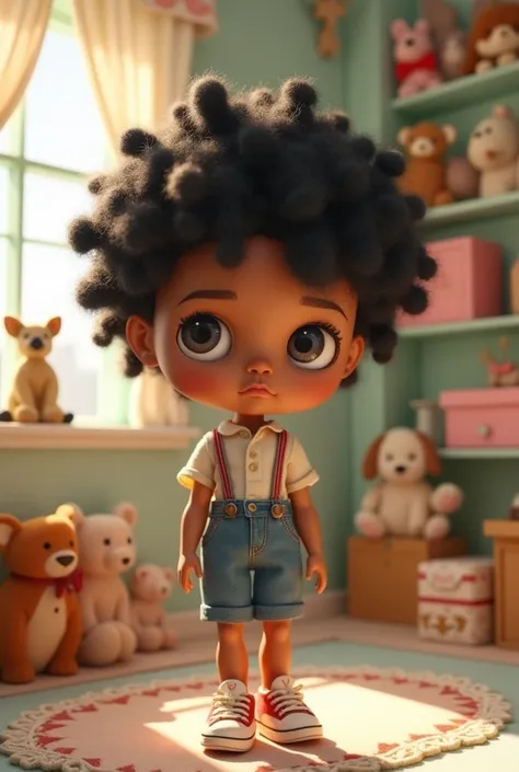 Make a male blythe doll with short black curly hair, with long curly bangs and very light brown skin color