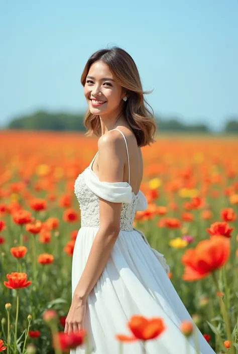 xxmix girl woman,A person wearing a white wedding dress, Exposing shoulders, Blooming flower fields, A light smile, Wool bag 127mm f/4.7 hectares