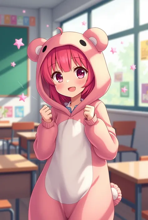 魔法少女まどか☆マギカの鹿目まどか本人が、An illustration of a Japanese high school girl wearing a cute bear costume