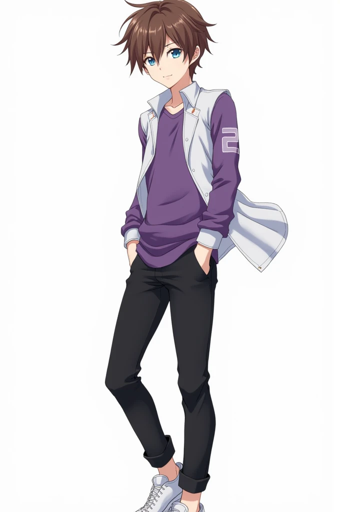 Create a male anime character with brown hair, two bangs and on the side, blue eyes, light skin, a white shirt with a purple top and purple sleeves, black pants and white shoes, and a white background.