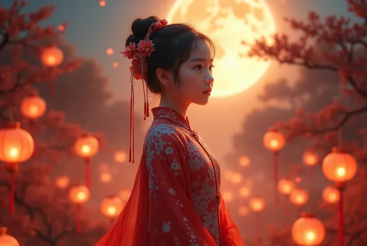 a beautiful girl in a traditional chinese dress, detailed face, landscape with moon and lanterns, ultra detailed, photorealistic, 8k, masterpiece, chinese mid-autumn festival, vibrant colors, dramatic lighting, cinematic mood