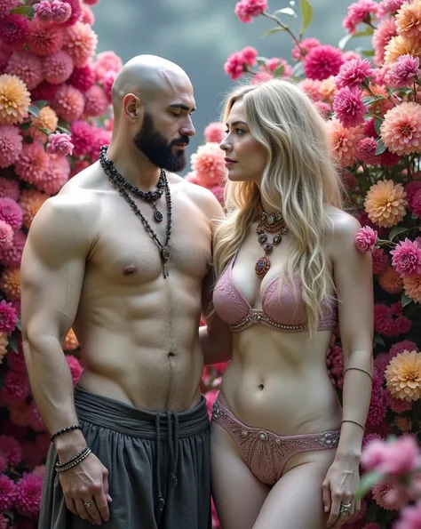 Sacred rebels, an extremely attractive couple. Dark bearded handsome bald shaman man with muscular upper body bare. Blonde fairie-like extremely sexy yogini woman dressed in flirtatious pink skimpy underwear, perky big breasts, plenty of cleavage, hourglas...