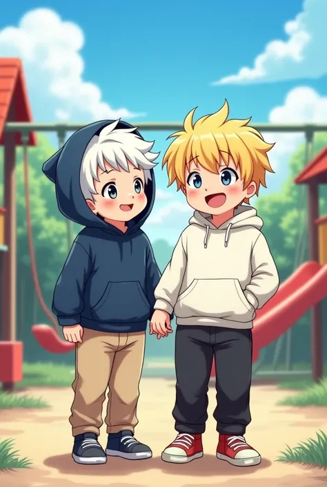 Create a 2 year old boy with a midnight blue hooded top and beige pants, white hair, anime version Along with a 2 year old boy with blonde hair, blue eyes, white hooded top and black pants 