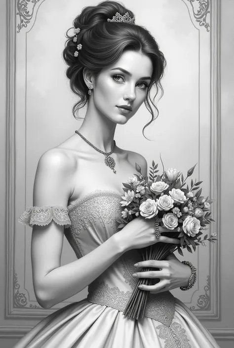 Hand draw in graphite a portrait of a slim, muscular 30-year-old princess in Victorian style, with an elegant hairstyle and a detailed strapless dress. She must be holding a bouquet of delicate flowers, with a serene and graceful expression. The image shou...