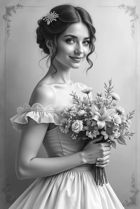 Hand draw in graphite a portrait of a slim, muscular 30-year-old princess in Victorian style, with an elegant hairstyle and a detailed strapless dress. She must be holding a bouquet of delicate flowers, with a serene and graceful expression. The image shou...