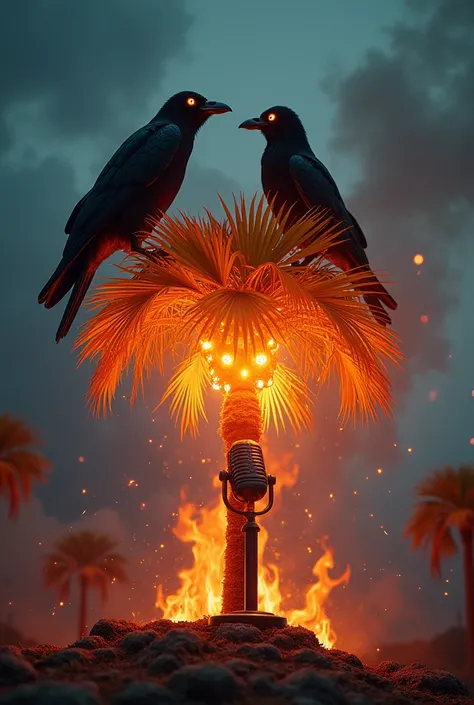 Palm on fire with two raven with yellow eye on top , Talking with a podcast microphone 


