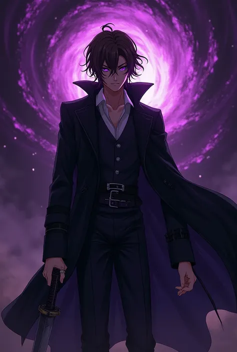 Create an anime character dressed in black with a black overcoat and purple eyes, his hair is brown, he is holding a sword surrounded by a purple and black ray and a heavy purple grape-like aura is coming out. 