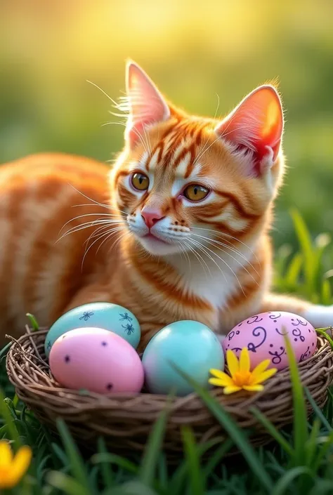 Orange cat laying eggs 

