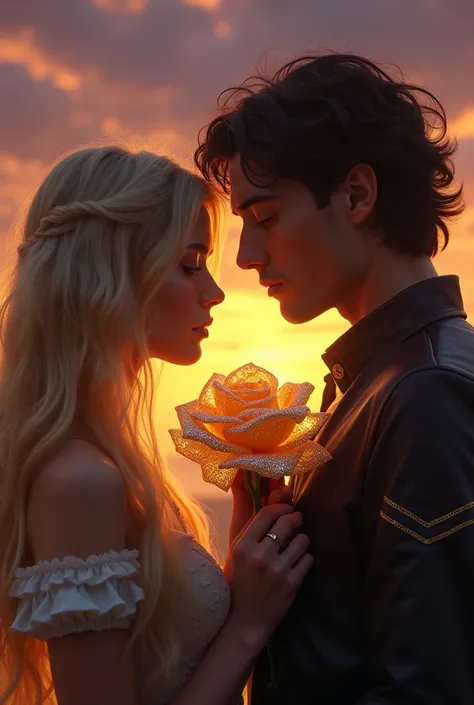 blonde woman in profile and dark haired man holding a magical golden rose, They are both close but they don&#39;t touch each other