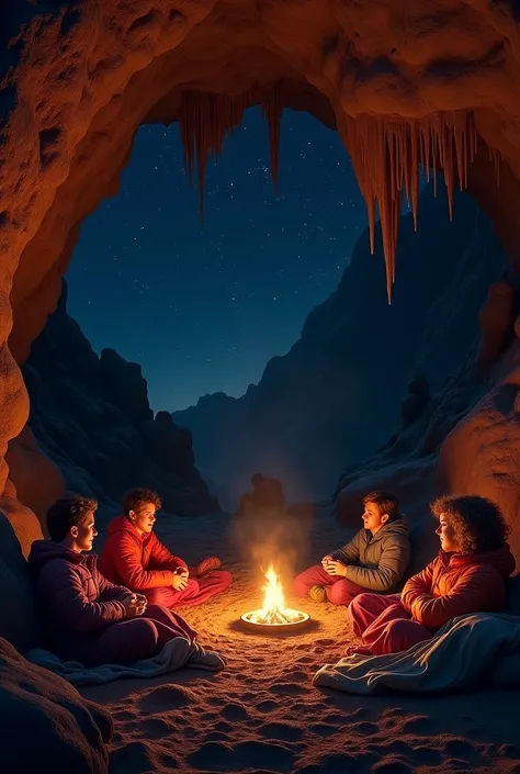 Young people sleeping in a cave at night 