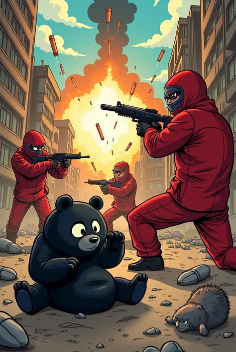 Create image of characters from Casa de Papel shooting and a black panda and a hedgehog and bombs falling and both scared 