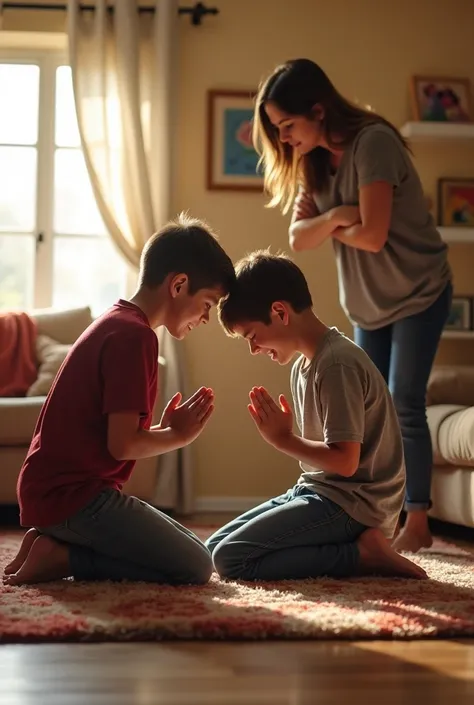 Two 13 year old boys praying on their knees laughing and their mother looking at them angry