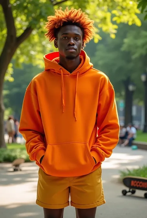 a teenage man, black skin with wavy red hair and calm green eyes. An orange hoodie wears short shorts