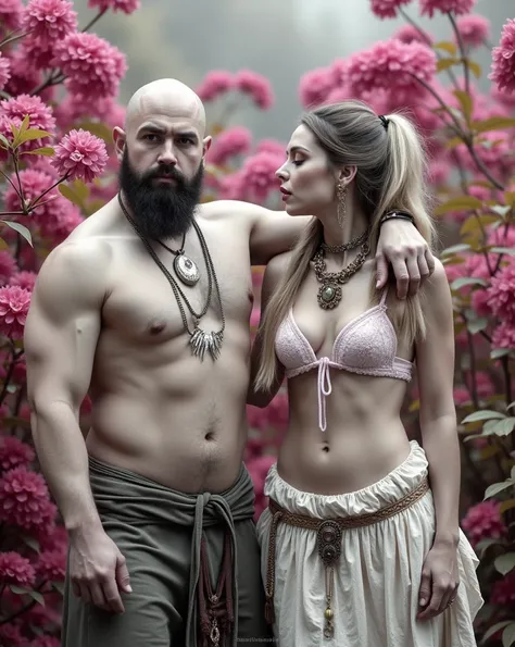 Sacred rebels, an extremely attractive couple. Dark bearded handsome bald shaman man with muscular upper body bare. Blonde fairie-like extremely sexy yogini woman dressed in flirtatious pink skimpy underwear, perky big breasts, plenty of cleavage, hourglas...