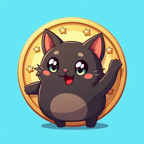 coin logo , tone network , dark brown cat , plain blue background , oggy inu , cat inu , fat  