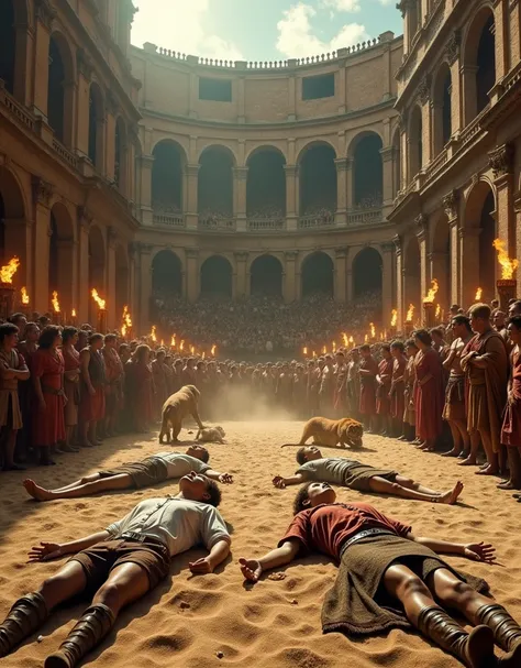 (photorealism:1.2), Two men and two women in the middle of the coliseum murdered with people around and many animals





