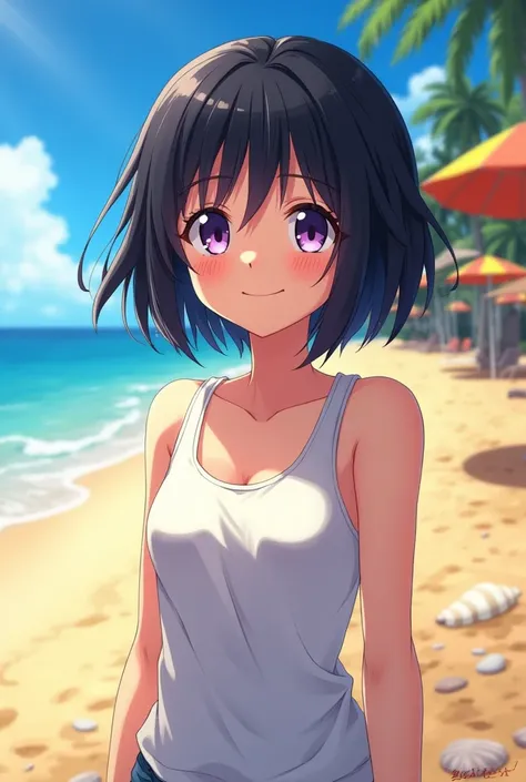 anime, Girl, black hair, short hair, thesis clara, purple eyes, on the beach, tank top, looking at the viewer 