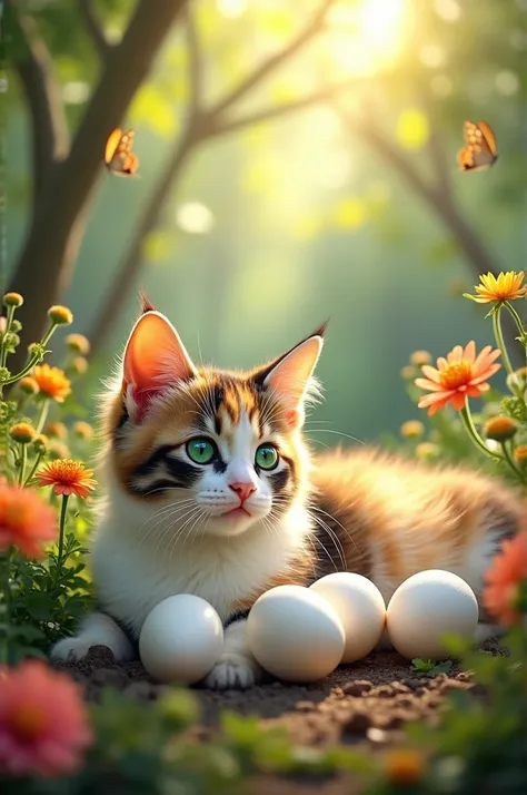 Cat laying white eggs 
