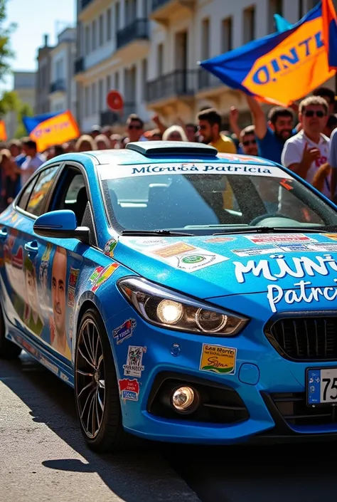 Create a stickered car for politics with the name Mônica Patrícia and the number 77577 in blue and white colors