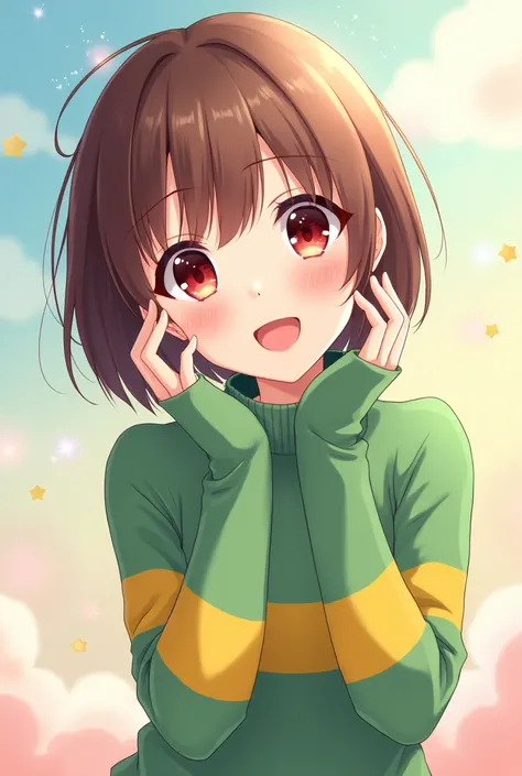 an anime girl with dark red eyes and short brown bob hair wearing a green turtleneck with two horizontal yellow stripes on her chest of her turtleneck sweater doing a cute pose
