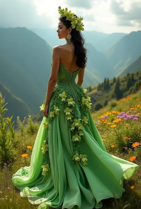 Fantasy dress for a queen alluding to the department of Boyaca Colombia with green orchids and attached to the body