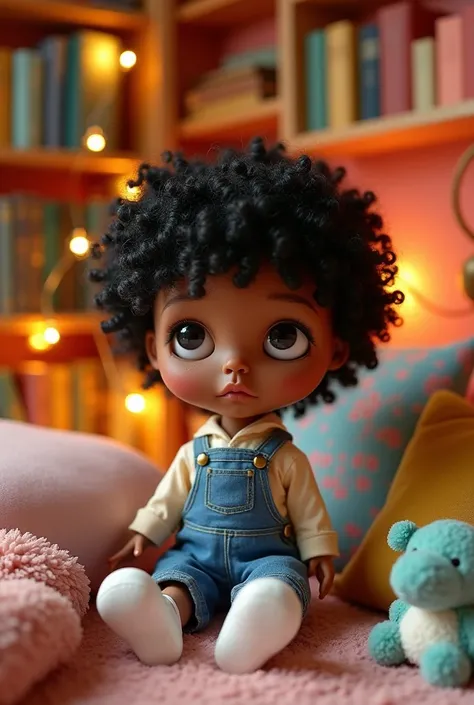 Make a male blythe doll with short black curly hair, with long curly bangs, light brown skin color and long nose