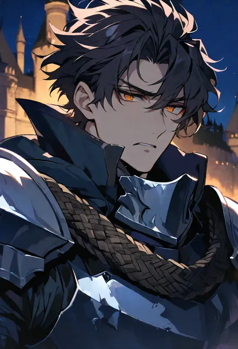 solo, handsome, 1 male, dark hair, short parted hair, orange eyes, brooding knight, concerned expression, castle background, night time, wearing black