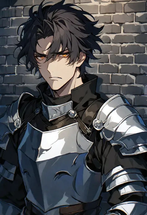 solo, handsome, 1 male, dark hair, short parted hair, orange eyes, brooding knight, concerned expression, gray brick wall background, night time, wearing armor