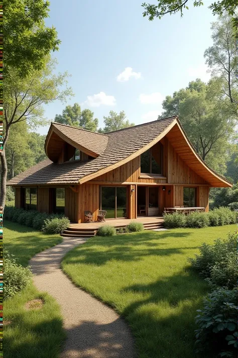 I want an eco-friendly house on one floor, based on wood and straw, with a noise-insulated workshop, 3 bedrooms each with a bathroom and toilet, a bedroom with master bedroom, a large kitchen, a large living room, a back kitchen, an entrance and a garage, ...