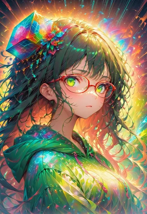 masterpiece, (beautifully、aesthetic:1.5), Surrealism, Very detailed, anime, A profile picture of a girl, wear oversized hoodie, Her hair was adorned with beautiful ornaments, Long Hair, Green Eyes, ((Glasses)), Red and navy blue color palette, Hard brush, ...