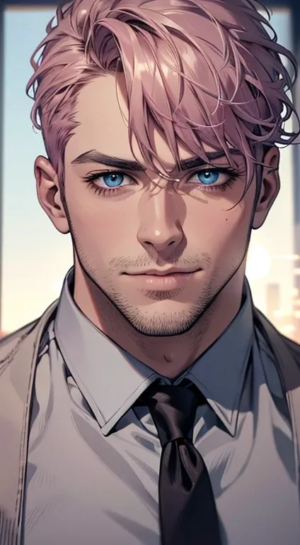 (best quality,4k,8k,highres,masterpiece:1.2),ultra-detailed,(realistic,photorealistic,photo-realistic:1.37),1 man,31 years old,mature man,very handsome,without expression,smile,short grey pink hair,blue eyes,penetrating gaze,perfect face without errors,imp...