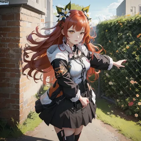 anime girl with red hair and a flower in her hair, girls frontline style, girls frontline cg, fine details. girls frontline, from girls frontline, girls frontline, girls frontline universe, anime style 4 k, from arknights, anime girl with long hair, badass...