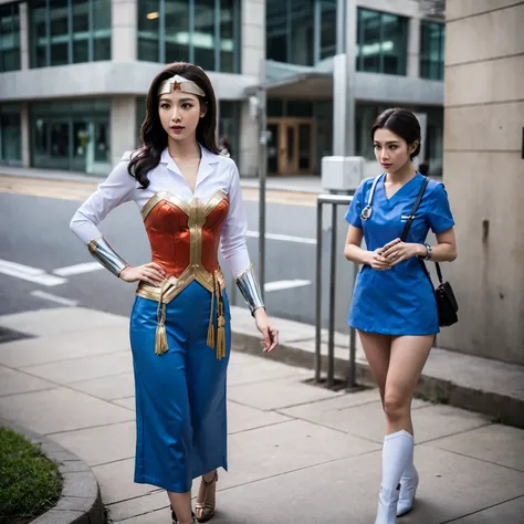 the path to change、wonder woman transforms into a female nurse、wonder woman&#39;s costume smoothly changes into a nurse outfit、i...