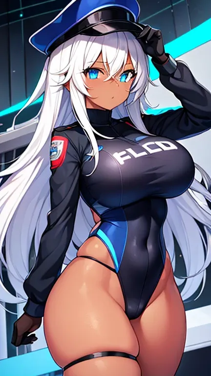 1girl, dark skin, dark-skinned female, police uniform, police, white hair, long hair, blue eyes, police hat, huge breasts, wide hips, thick thighs, policewoman, futuristic, neon trim, science-fiction, machinery, tech, blue trim, glowing eyes, toned female,...